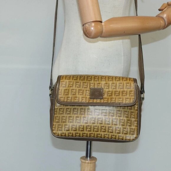 FENDI Zucchino Canvas Shoulder Bag Coated Canvas Brown Auth - Picture 1 of 16